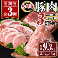 isa683 【定期便3回】小分け・真空パック！九州産豚肉3種セット(合計9.3kg・3.1kg×全3回) バラスライス ロース とんかつ 生姜焼き 真空包装 真空パック 小分け ぶたにく 豚 肉 詰合せ 詰め合わせ 食べ比べ 冷凍 【サンキョーミート株式会社】