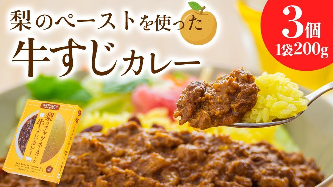 梨 の チャツネ(ペースト) を使った 牛すじ カレー 3個 セット レトルト 常温保存 備蓄 非常食 牛すじカレー コク 旨味 中辛 オリジナル グッズ 筑西市 限定 梨 なしカレー [DS002ci]