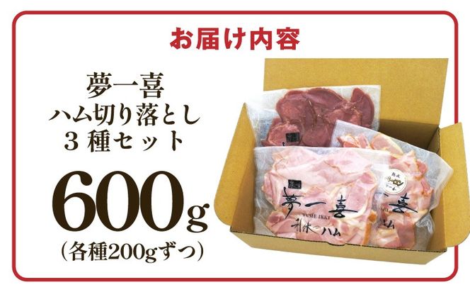G4102 ハム 切り落とし3種セット 合計600g【ロースハム ベーコン スモークタン 夢一喜フーズ 訳あり 小分け ハム ロース 豚肉 スモーク タン 燻製 】
