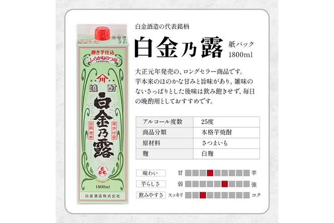 《種類・容量が選べる》鹿児島本格芋焼酎！白金乃露 or 白金乃露 黒 or 飲み比べセット 各1800ml (1本・2本・6本)【白金酒造】 姶良市 酒 焼酎 本格芋焼酎 本格焼酎 芋焼酎 いも焼酎 紙パック セット a865 a866 a1075