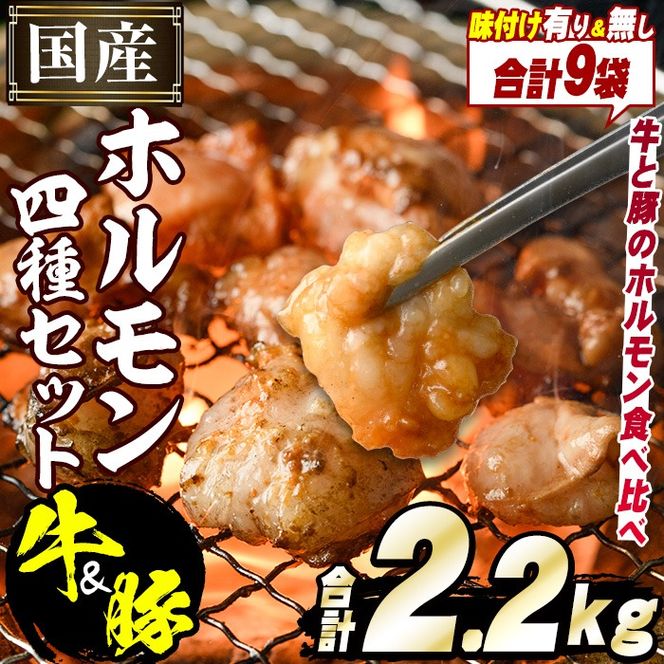 ＼テレビで紹介されました！／国産！牛×豚ホルモン食べ比べ4種セット(合計2.2kg)  阿久根市 国産 特産品 小腸 味付 パック 詰め合わせ 詰合せ 炒め物 鍋 モツ おかず お弁当 小分け 個包装 焼肉【スターゼン】akn031-02