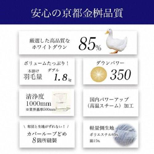 【訳あり】＜京都金桝＞色柄お任せ 羽毛布団 掛け布団 ホワイトダウン85％『本掛け ダブル』 DP350 京都亀岡産 日本製 ｜ 国産 寝具 布団 新生活 夏 夏用 洗える ダウンケット 冬 冬用 秋冬用 ふるさと納税訳あり