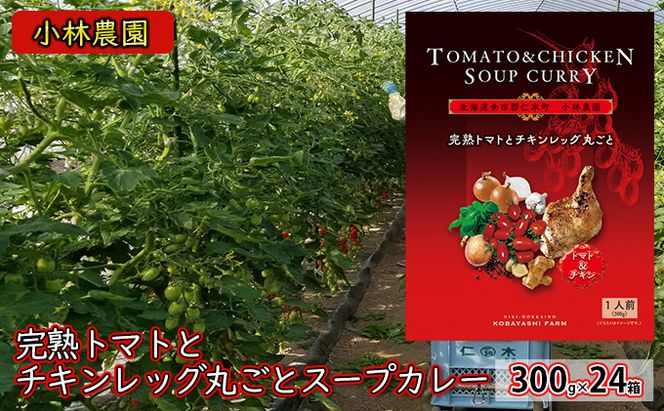 24箱 完熟トマト チキンレッグ 丸ごと スープカレー 300g 北海道 仁木町 惣菜 こだわり アイコ トマトジュース 甘味 酸味 レトルト お手軽 [小林農園]
