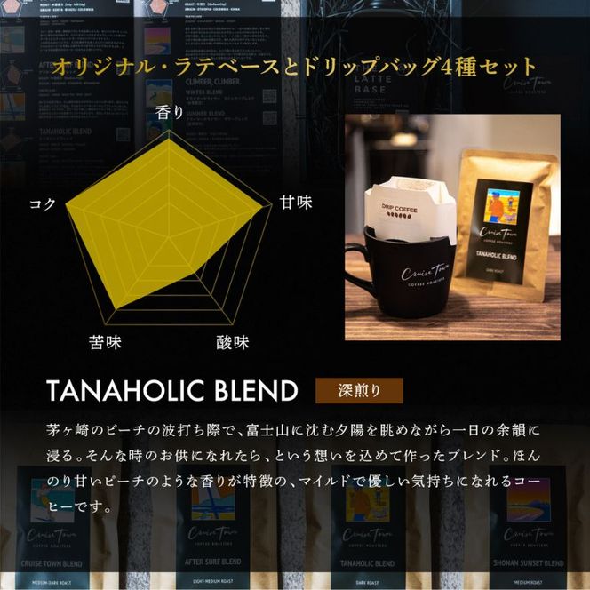 3ヵ月定期便【茅ヶ崎のスペシャルティコーヒー専門ロースター】CRUISE TOWN COFFEE ROASTERS オリジナル・ラテベースとドリップバッグ4種セット 飲料 コーヒー豆 ナッツの香り 優しい酸味 コク 