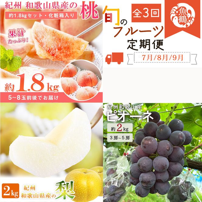 【全3回】紀州和歌山産旬のフルーツ定期便 (桃・梨・ピオーネ) / フルーツ 柑橘 和歌山 もも モモ 梨 なし ぶどう 葡萄 シャインマスカット ピオーネ 紫苑 【tkb424】
