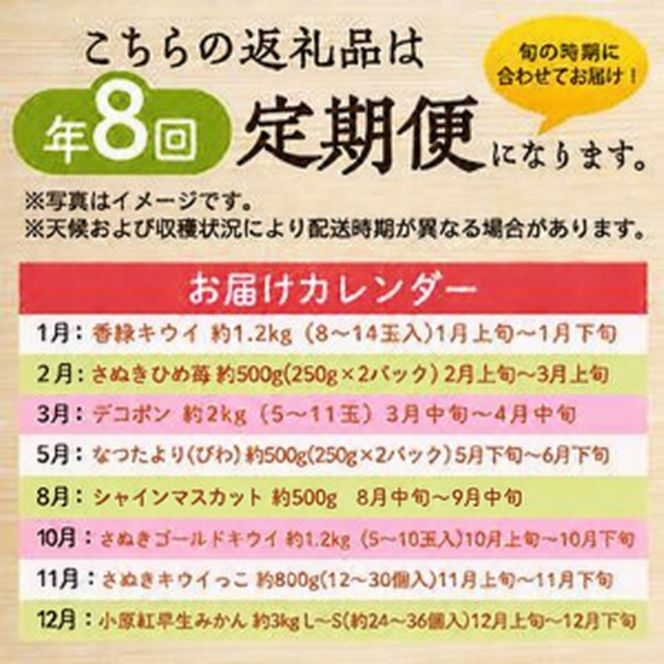 少しがうれしい讃岐のフルーツ定期便（全8回）【香緑キウイ】【さぬきひめ苺】【デコポン】【なつたより(びわ)】【シャインマスカット】【さぬきゴールドキウイ】【さぬきキウイっこ】【小原紅早生みかん】