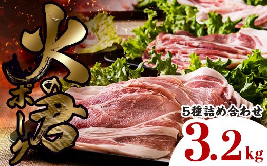 FK7-0021_【数量限定】熊本県産 火の君ポーク(登録商標) 5種詰合せ 約3.2kg 豚こま 豚コマ ロース バラ 肉 豚肉しゃぶしゃぶ 生姜焼き 豚汁 弁当 焼肉 ストック 便利

