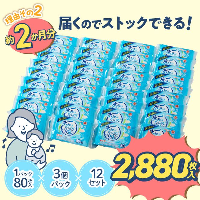 水分たっぷり純水99％ おしりふき80枚入×3Ｐ×12セット（合計36個） ウエットティッシュ ウェットティッシュ ウエットシート ウェットシート [032T01]