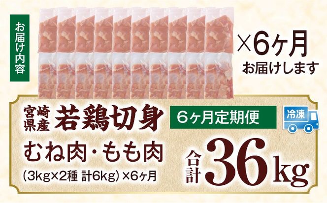 宮崎県産 若鶏切身 むね肉&もも肉 6kg（各300g×10袋）【6か月定期便】