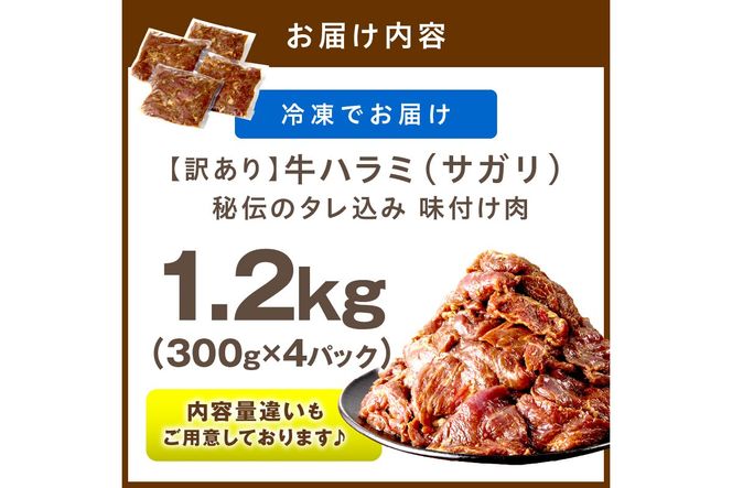 【訳あり】牛ハラミ（サガリ） 秘伝のタレ込み 味付け肉 1.2kg（300g×4パック）（2026年1月上旬～発送） 牛肉 訳あり はらみ さがり 味付け肉 小分け 個包装 牛肉 タレ漬け 手作り 焼肉 肉 牛ハラミ わけあり 訳有り ワケアリ 焼肉 日用品　YK00462