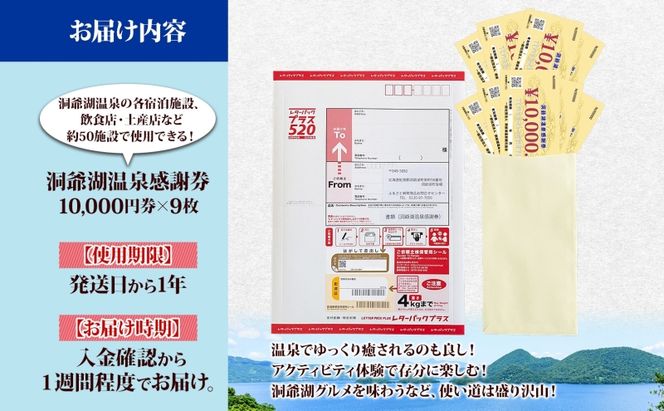 洞爺湖温泉感謝券 90000円 分 金券 クーポン 洞爺湖 湖 温泉 リゾート 有珠山 火山 自然 花火 イルミネーション 旅行 観光 宿泊 施設 北海道 ふるさと納税 絶景 旅 体験 