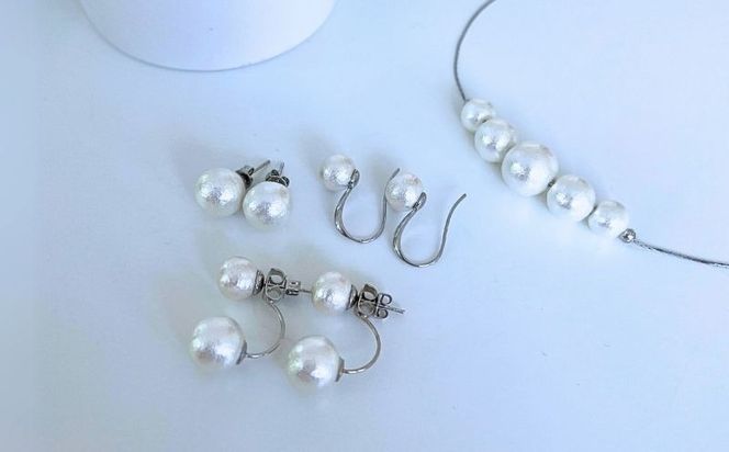 GL013コットンパール「ホワイト」シルバーチェーンネックレスとピアス3点セット