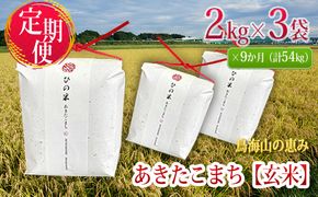 米 お米 《定期便》6kg×9ヶ月 秋田県産 あきたこまち 玄米 2kg×3袋 神宿る里の米「ひの米」（お米 小分け）