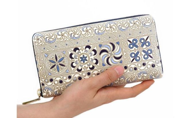 【文庫屋大関】 大容量　ぐるっとファスナーの長財布　錦紗＜紫＞【皮革工芸品】 ファッション小物 民芸品 