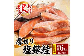 【定期便・全6回(連続)】訳あり 厚切り 塩 銀鮭 切り身(総計6kg・1kg×6回)  銀さけ しゃけ さけ サケ 切身 塩鮭 塩焼き 焼き魚 おかず お惣菜 簡易包装 冷凍 厚切 【YS-7】【株式会社安田】