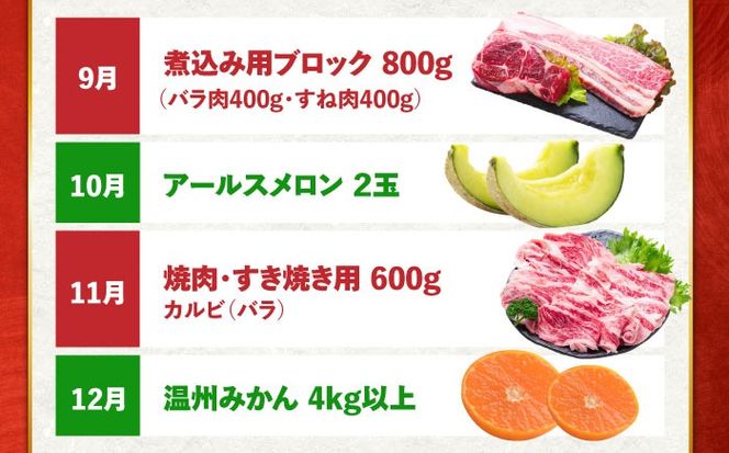 【12回定期便】長崎和牛と旬のフルーツが楽しめる バラエティ定期便 / フルーツ定期便 果物定期便 肉定期便 牛肉 びわ メロン ぶどう みかん / 南島原市 / 贅沢宝庫[SDZ053]