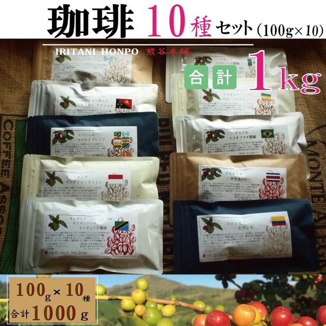 世界のコーヒー 飲み比べ 豆 or 粉 10種類(100g×10)・合計1kg(モカ・キリマンetc)