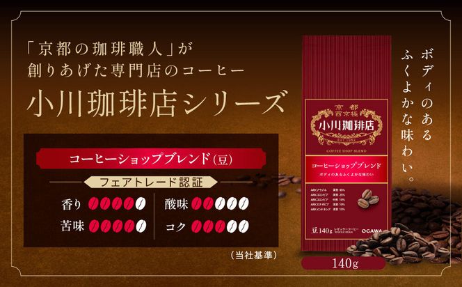 小川珈琲直営店 コーヒーショップブレンド(豆)140g｜京都 コーヒー 人気ブランド コーヒー豆［ OGAWA ブレンドコーヒー 5種類 世界が認める本物の味わい 贅沢 おすすめ ギフト プレゼント 贈答 お取り寄せ 通販 送料無料 ふるさと納税 ］ 261009_A-CA029VC05