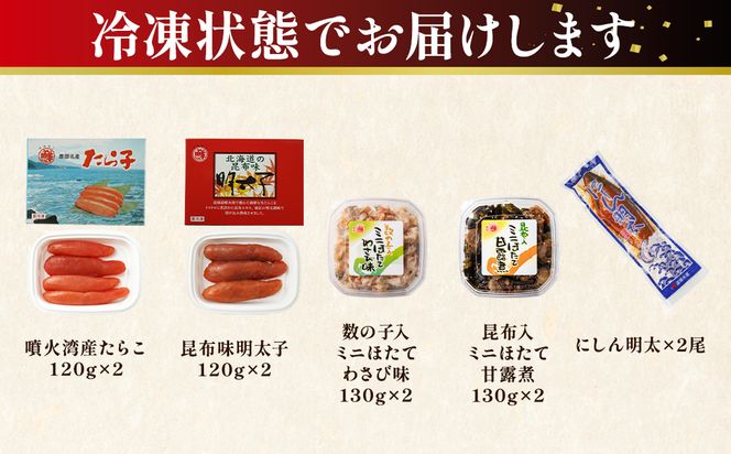丸鮮道場水産 噴火湾からのおくりものセット 1.8kg 噴火湾産たらこ 昆布味明太子 数の子入ミニほたてわさび味 昆布入ミニほたて甘露煮 にしん明太 各2個