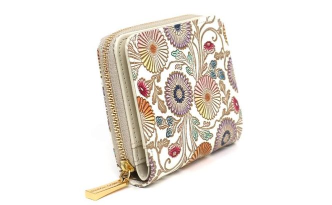 【文庫屋大関】二つ折りファスナーミニ財布 更紗菊【皮革工芸品】財布 二つ折り 小物 お札 カード 小銭 コンパクト 牛革 手作り 日本製 墨田区 東京都