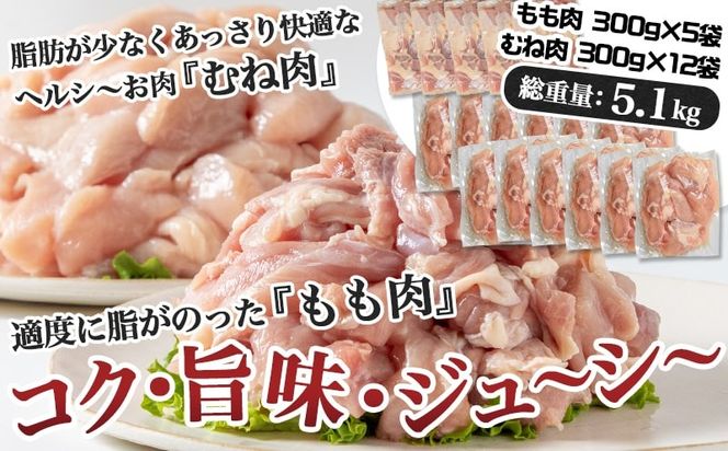 国産若鶏5.1kg 小分けパック!カット済み!(もも300g×5P・むね300g×12P)≪みやこんじょ特急便≫_MJE-3301-Q