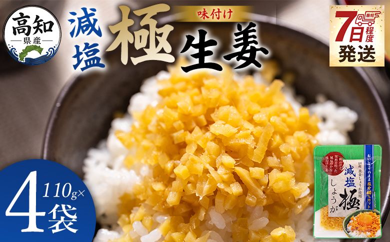 しょうが 減塩 味付け 極しょうが 110g×4袋 計440g [7日程度で発送] 早い スピード発送 7日程度 早く 届く 生姜 ジンジャー ご飯のお供 おかず トッピング アレンジ 料理 手軽 便利 刻み生姜 国産 特産品 しょうが ショウガ 高知県産 坂田信夫商店 高知県 香南市 常温 Xnb-0015