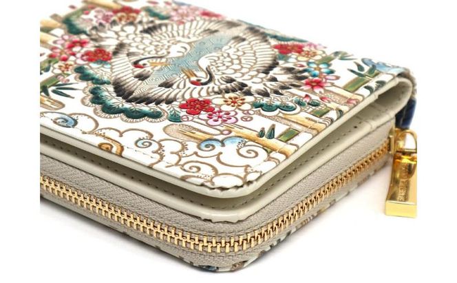 【文庫屋大関】二つ折りファスナーミニ財布 むかい鶴【皮革工芸品】財布 二つ折り 小物 お札 カード 小銭 コンパクト 牛革 手作り 日本製 墨田区 東京都