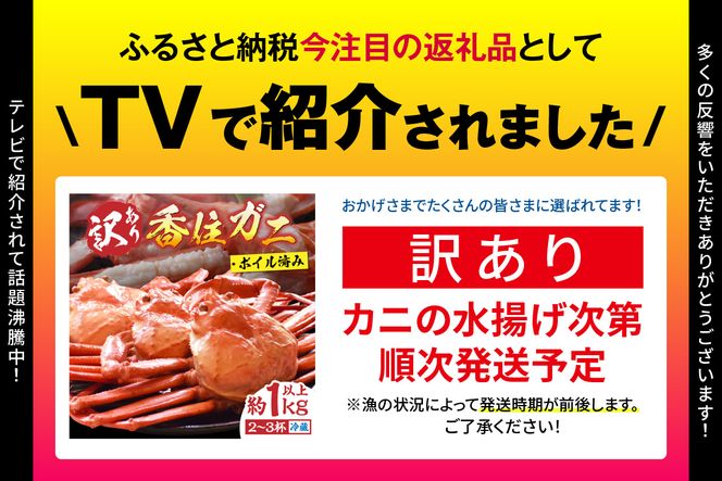 〈カンテレ「やすとも・友近のキメツケ！」で紹介！〉【訳あり 香住ガニ 浜茹で 2～3杯 約1kg以上 1～2本指落ち 冷蔵】【令和8年2月以降発送予定】 TVで紹介 国産 香住 日本海 カニ かに 蟹  爪 身 脚 しゃぶ ベニ ズワイガニ 紅 べに ずわいがに 訳あり ご自宅用 大人気 ふるさと納税 返礼品 おすすめ 兵庫県 香美町 丸近 19-09 ☆