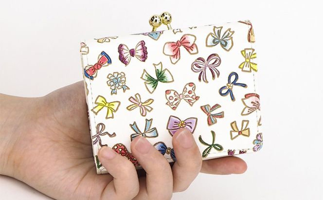 【文庫屋大関】三つ折りミニ財布　プチリボン【皮革工芸品】 ファッション 小物 民芸品 お札 カード 小銭 手のひらサイズ コンパクト 大人かわいい 牛革 手作り 国産 