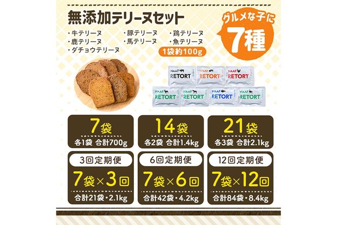 a1091 《種類・配送が選べる》＜保存料・着色料 不使用＞愛犬用無添加テリーヌ レトルトパック  7種セット(7袋～21袋・3回・6回・12回定期便)【Nフードサービス】姶良市 牛 豚 鶏 鹿 馬 魚 ダチョウ テリーヌ 犬 ドッグ ペット フード エサ レトルト おやつ ごはん ご飯 間食 ご褒美
