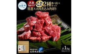 土佐あかうし＆土佐和牛2種食べ比べ 特選スネ肉煮込み角切り500g 計2P 田野屋銀象完全天日塩2P付 牛肉 肉 お肉 和牛 国産 牛 赤身 ヒレ カルビ ロース ブロック【株式会社LATERAL】 [BQAU075]
