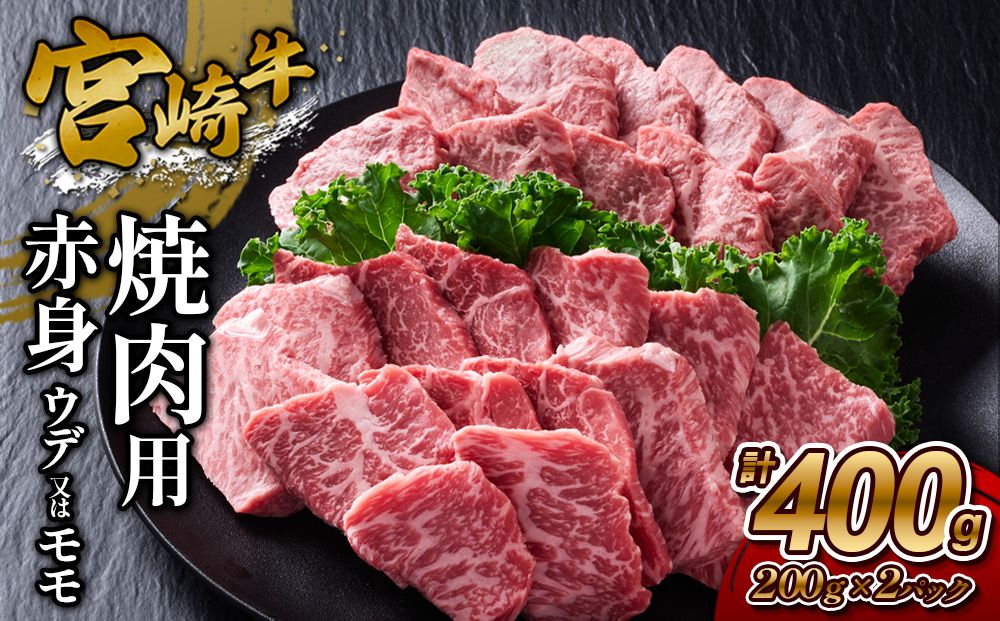 [宮崎牛]焼肉 赤身(ウデ又は上モモ) 400g(200g×2P) 真空パック 冷凍