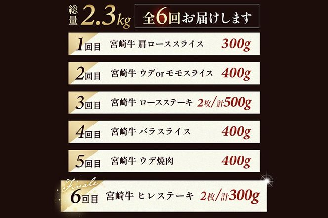 【定期便・全6回(連続)】宮崎牛定期便＜Bセット＞お楽しみ 牛肉 国産 定期 ヒレ肉 ひれにく モモ ウデ ロース バラ スライス 宮崎県産 黒毛和牛 小間切れ 焼肉 ステーキ しゃぶしゃぶ すき焼き【R-68】【株式会社ミヤチク】