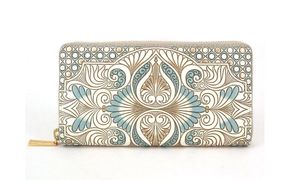 【文庫屋大関】 大容量　ぐるっとファスナーの長財布　ロカイユ＜ブルーグレー＞【皮革工芸品】 ファッション小物 民芸品 