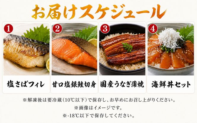 【全4回】魚鶴一押し！人気のお魚集合定期便（さば・銀鮭・うなぎ・海鮮丼）【tkb308】