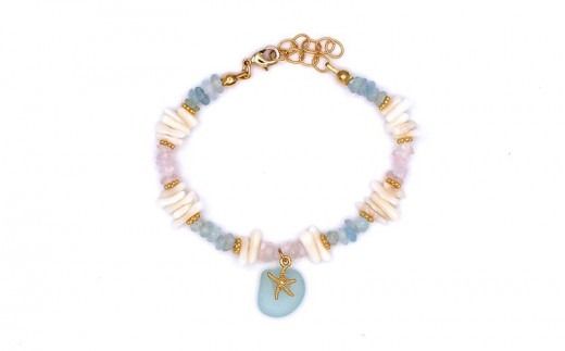 【ブレスレット＆ピアス】Mサイズ｜サンゴとシーグラスのアクセサリーセット