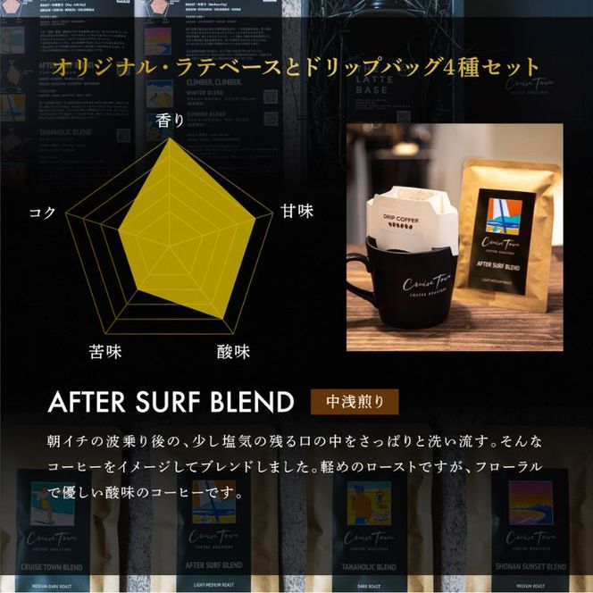 3ヵ月定期便【茅ヶ崎のスペシャルティコーヒー専門ロースター】CRUISE TOWN COFFEE ROASTERS オリジナル・ラテベースとドリップバッグ4種セット 飲料 コーヒー豆 ナッツの香り 優しい酸味 コク 