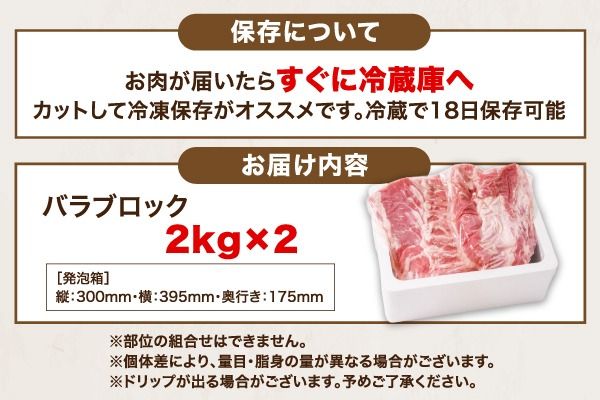 山形県庄内SPF豚 最上川ポークバラブロック 4kg（2kg×2）国産  豚肉 冷蔵便