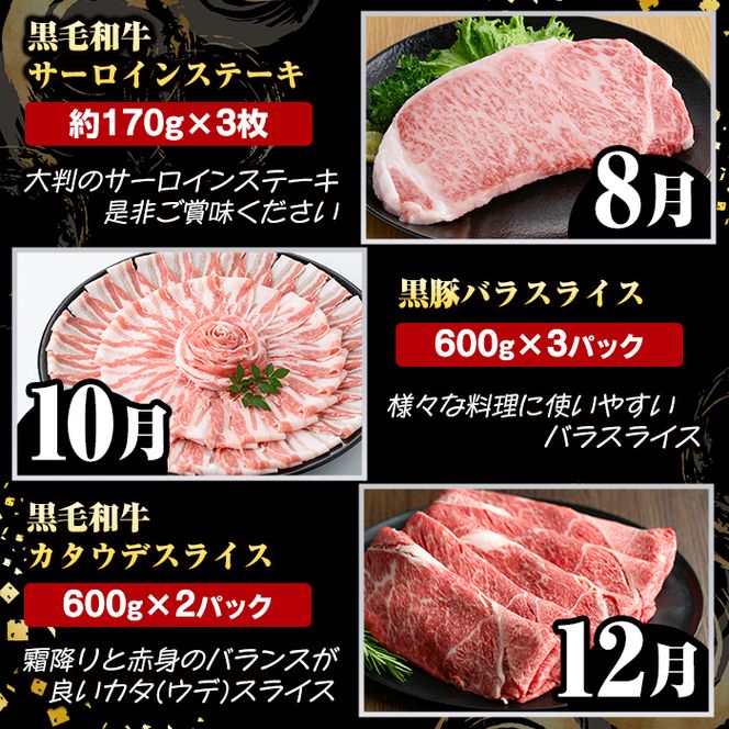 ＜定期便・全6回(偶数月)＞6人家族用！鹿児島県産 牛肉・豚肉 詰め合わせ B (総量9.8kg) 国産 黒豚 しゃぶしゃぶ 肩 ロース スライス 訳あり 切り落とし 黒毛和牛 サーロイン ステーキ 黒豚 バラ カタ ウデ 小分け セット 【スターゼン】akn042-38