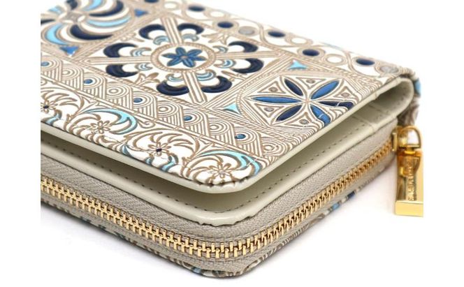 【文庫屋大関】二つ折りファスナーミニ財布 錦紗＜青＞【皮革工芸品】財布 二つ折り 小物 お札 カード 小銭 コンパクト 牛革 手作り 日本製 墨田区 東京都