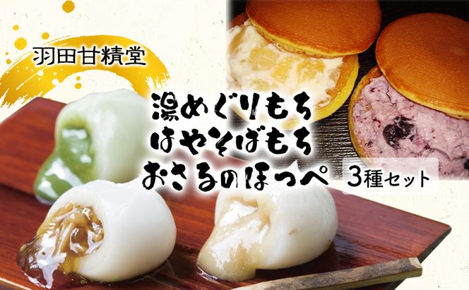 志賀高原銘菓はやそばもち（12個入）、北信濃湯めぐりもち（抹茶あん・なめ茸・ごまだれ各6個入）、おさるのほっぺ（ブルーベリー・アップル各5個）のセット お菓子 スイーツ 和スイーツ 新感覚 フルーツどら焼き 和菓子 洋風どら焼き 