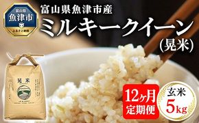 【12ヶ月定期便】【令和6年度米】「魚津のミルキークイーン（晃米）」5kg（玄米） ｜ 環境配慮 MK農産 お米 ブランド米 銘柄米 玄米 ご飯 おにぎり 産地直送 甘み 粘り もちもち ※2024年10月下旬頃より順次発送予定 ※北海道・沖縄・離島への配送不可