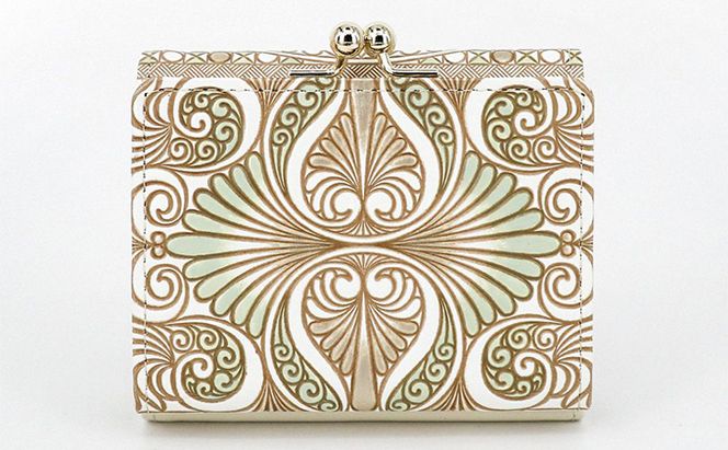 【文庫屋大関】三つ折りミニ財布　ロカイユ（ペールカーキ）【皮革工芸品】 ファッション 小物 民芸品 お札 カード 小銭 手のひらサイズ コンパクト 大人かわいい 牛革 手作り 国産 