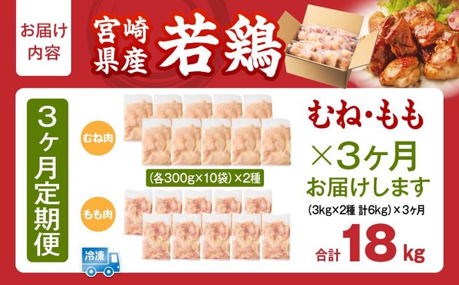 宮崎県産 若鶏切身 むね肉&もも肉 6kg（各300g×10袋）【3か月定期便】_b0799_it_x2