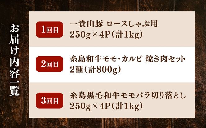 【全3回定期便】糸島・お肉定期便（定番コース） 毎月3-4人前[AAH016]