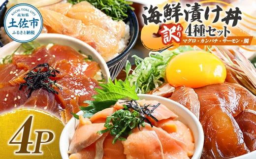 訳あり 海鮮漬け丼 4種×1袋セット 1袋60g 真鯛 タイ サーモン マグロ まぐろ カンパチ 詰め合わせ お茶漬け 醤油 漬け 食べ比べ おつまみ 惣菜 鯛茶漬け【企業組合　宇佐もん工房】 [BQAB039]