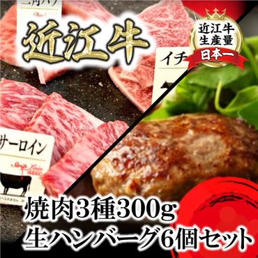 特撰近江牛おすすめ部位　焼肉3種300ｇ＆近江牛生ハンバーグ６個セット【FO41SM】