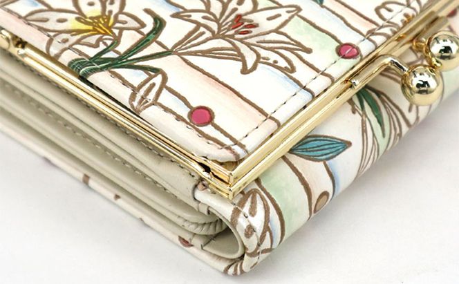 【文庫屋大関】三つ折りミニ財布　ホワイトリリー【皮革工芸品】 ファッション 小物 民芸品 お札 カード 小銭 手のひらサイズ コンパクト 大人かわいい 牛革 手作り 国産 