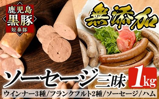 a042 鹿児島黒豚「短鼻豚」無添加ハムソーセージ三昧詰め合わせ総合計1kg【鹿児島ますや】姶良市 国産 ウィンナー 無添加 ウインナー ソーセージ フランクフルト ハム 冷凍 黒豚 豚肉 おかず