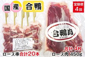 [定期便／年4回] 合鴨ロース肉 セットA (ロース肉450g×1枚、ロース串×5本)｜国産合鴨 あいがも あい鴨 ダック アイガモ肉 合鴨ロース 低カロリー高たんぱく [0391]